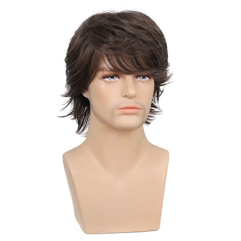 Wiwige Short Brown Wig for Mens Layered Natural Fluffy Synthetic Hair Wig Heat Resistant Halloween Cosplay with Wig Cap - Image 5